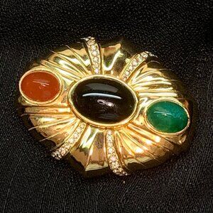 Ciner Mogul Large Vtg Gold tone Glass Cabochon Gems Brooch Pin J173